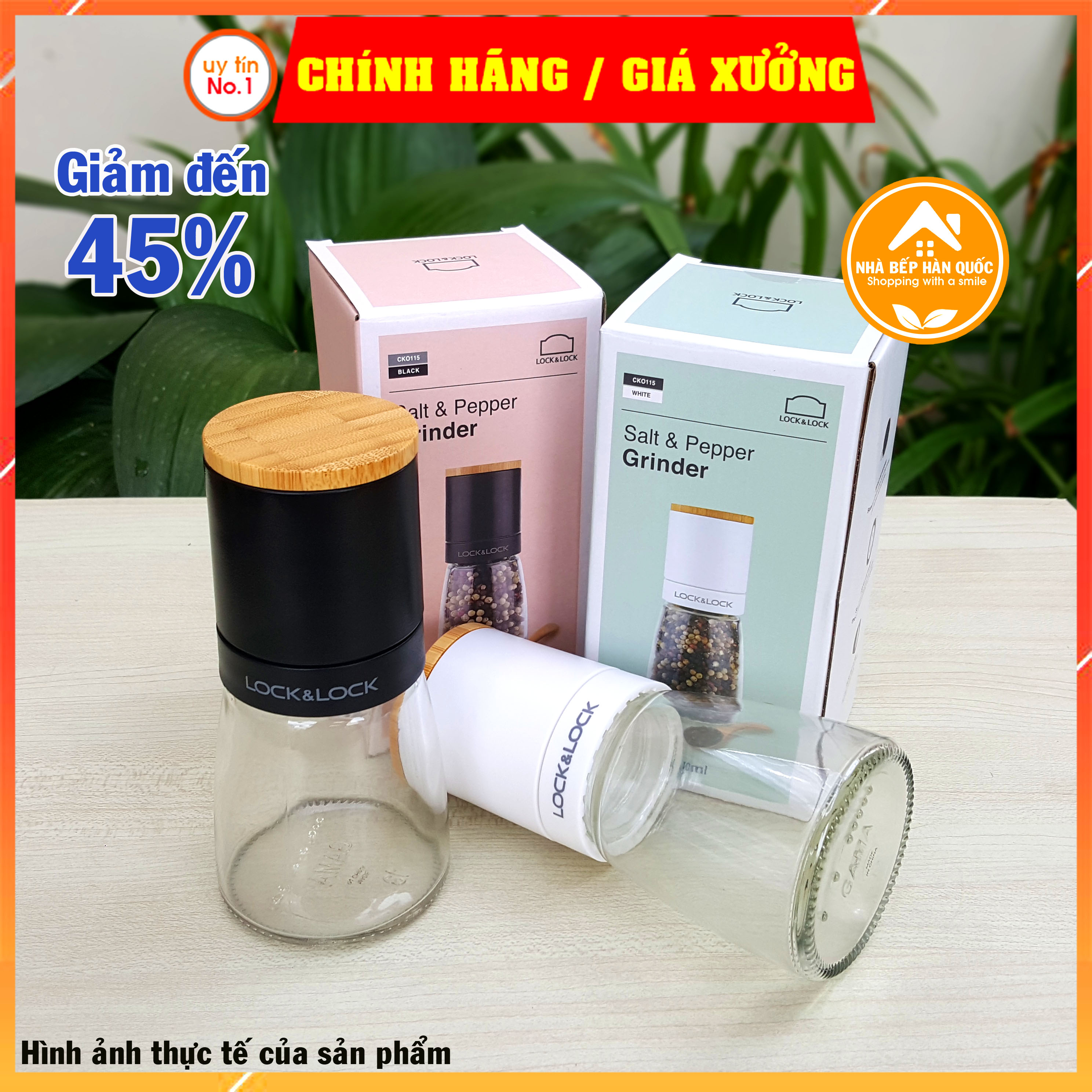 Cối xay tiêu thủy tinh Lock&Lock dung tích 140ml lưỡi sứ nắp tre tiện dụng CKO115