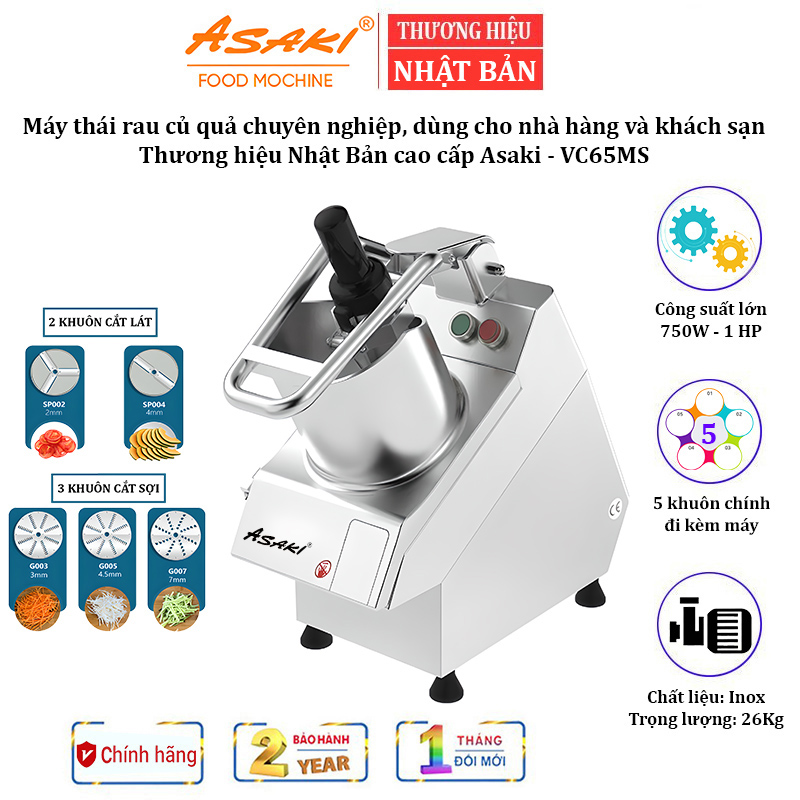Máy thái rau củ quả vc65ms chuyên nghiệp - thương hiệu nhật bản cao cấp asaki, dùng cho các nhà hàng, khách sạn, công suất 750w - hàng nhập khẩu, bảo hành 1 năm