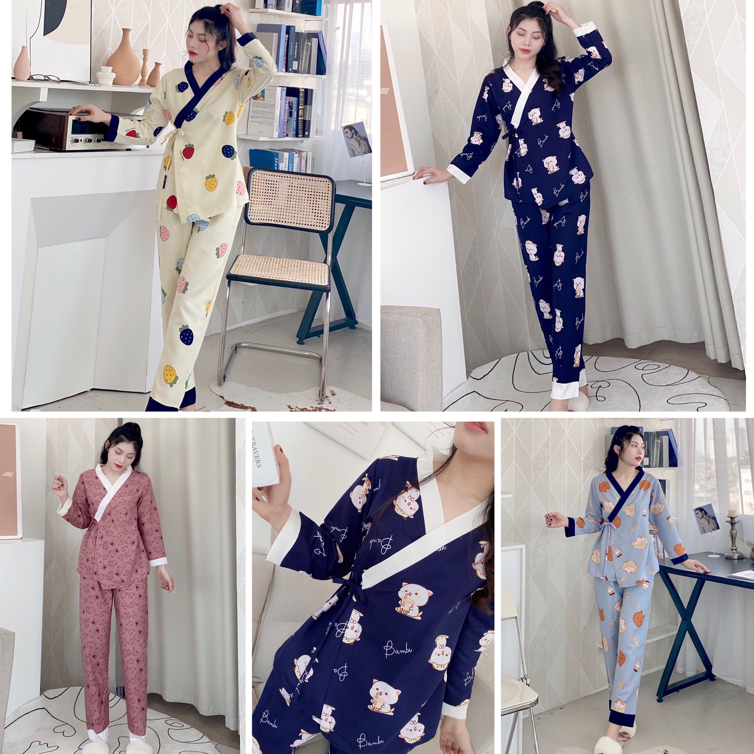 Bộ kimono dài tay nữ vải kate thái loại 1 / bộ ngủ mặc nhà