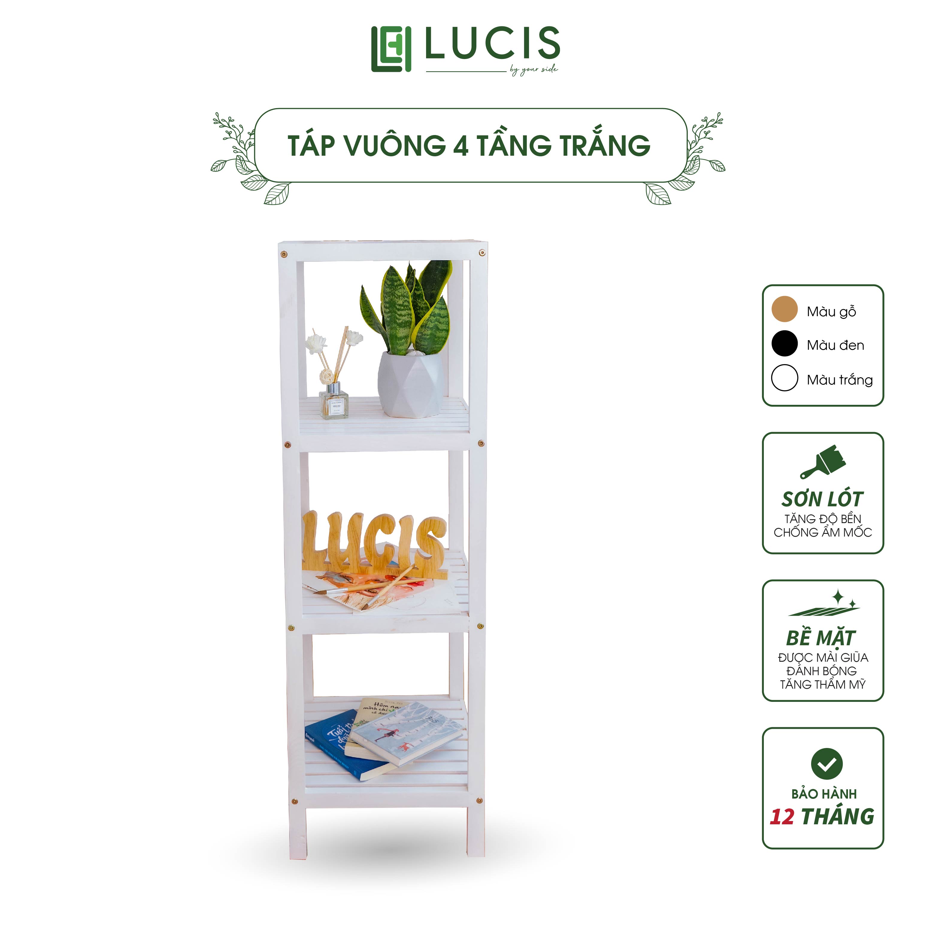 Kệ gỗ vuông 4 tầng lắp ghép để đồ để quần áo trang trí phòng ngủ LUCIS màu trắng - Kệ để đồ phòng khách 4 tầng gỗ thông tự nhiên
