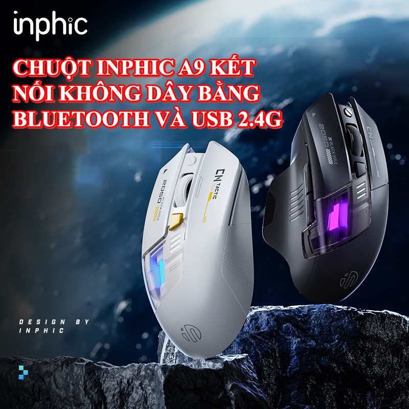 Chuột không dây INPHIC A9 sử dụng pin sạc kết nối Bluetooth và chip USB 2.4G thiết kế cool ngầu dành cho game thủ
