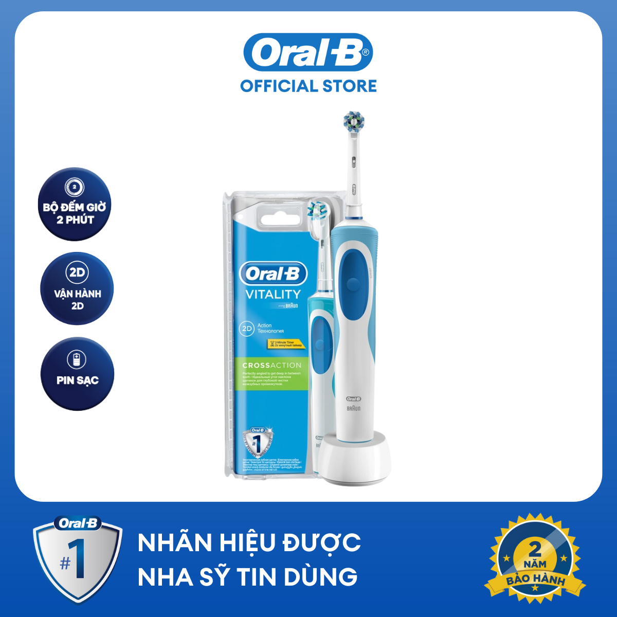 (Nhập LAZSOCIAL100K giảm 15% tối đa 100k cho đơn từ 250K) Bàn Chải Điện Oral-B Vitality D12.513 - Hàng chính hãng bảo hành 24 tháng 1 đổi 1