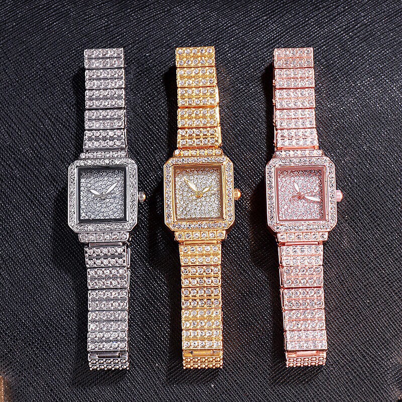 Đồng hồ thời trang nữ Rhinestone mặt chữ nhật đính đá cao cấp