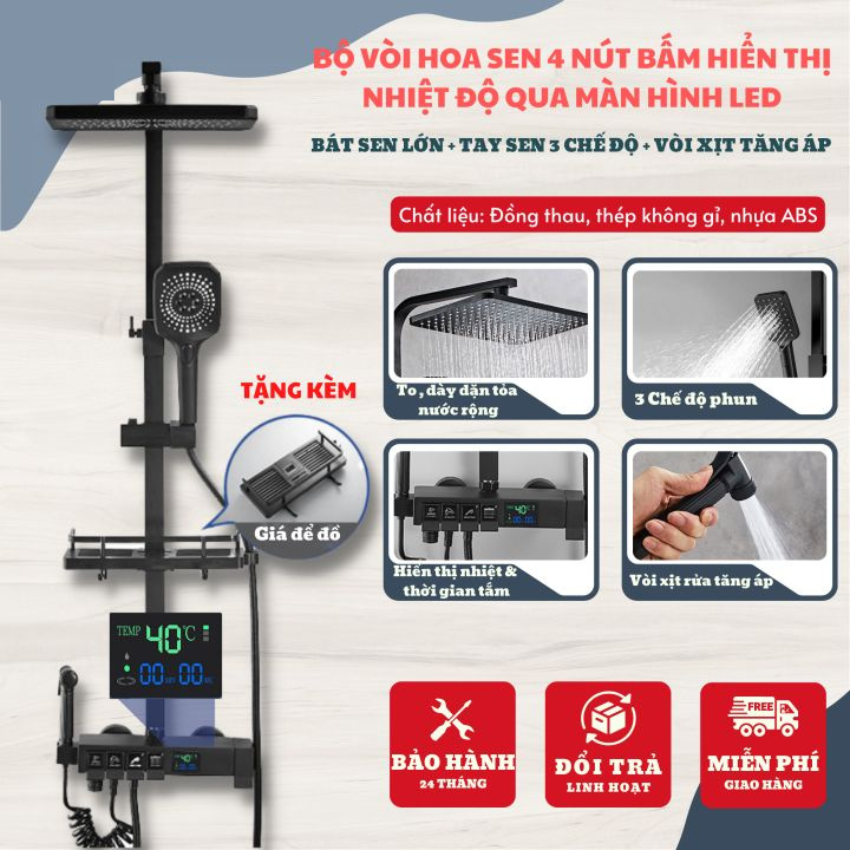 Sen cây tắm nóng lạnh, Cây sen tắm đứng, Vòi sen tắm nóng lạnh cao cấp - Bộ vòi sen cây tắm đứng nóng lạnh hàng Cao Cấp Đồng mạ tĩnh điện Hiển Thị Số- BIGC