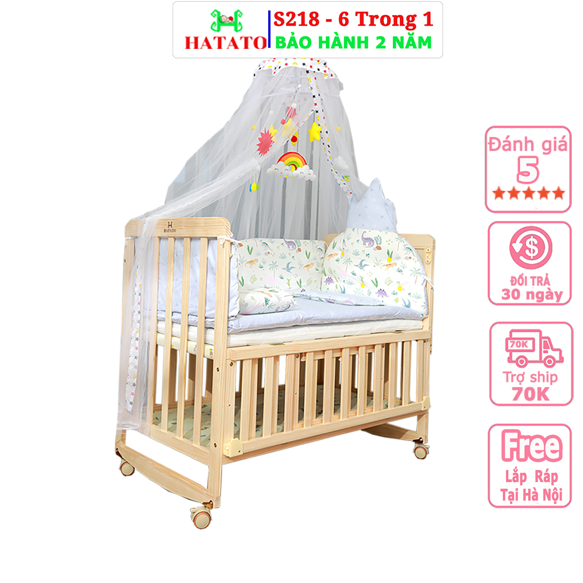 Cũi Cho Bé S218 Hatato BH-2năm cho trẻ từ 0-4 tuổi bằng gỗ thông có 6 chức năng làm nôi em bé và quây cũi cho bé