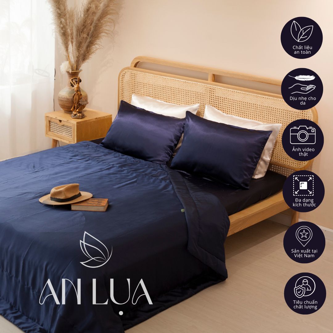 Bộ chăn drap 5 món An Lụa vải lụa mịn mát và thân thiện cho da - Xanh đen