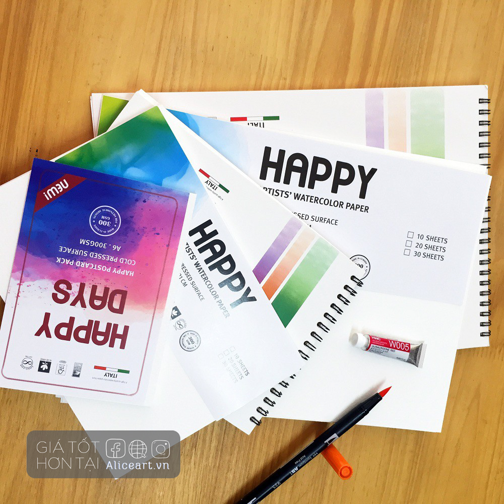 Giấy vẽ màu nước, bột, gouache, acrylic happy vân cold 300gsm & sổ lò xo 250gsm - size a4 a5 a6 - chính hãng happy art