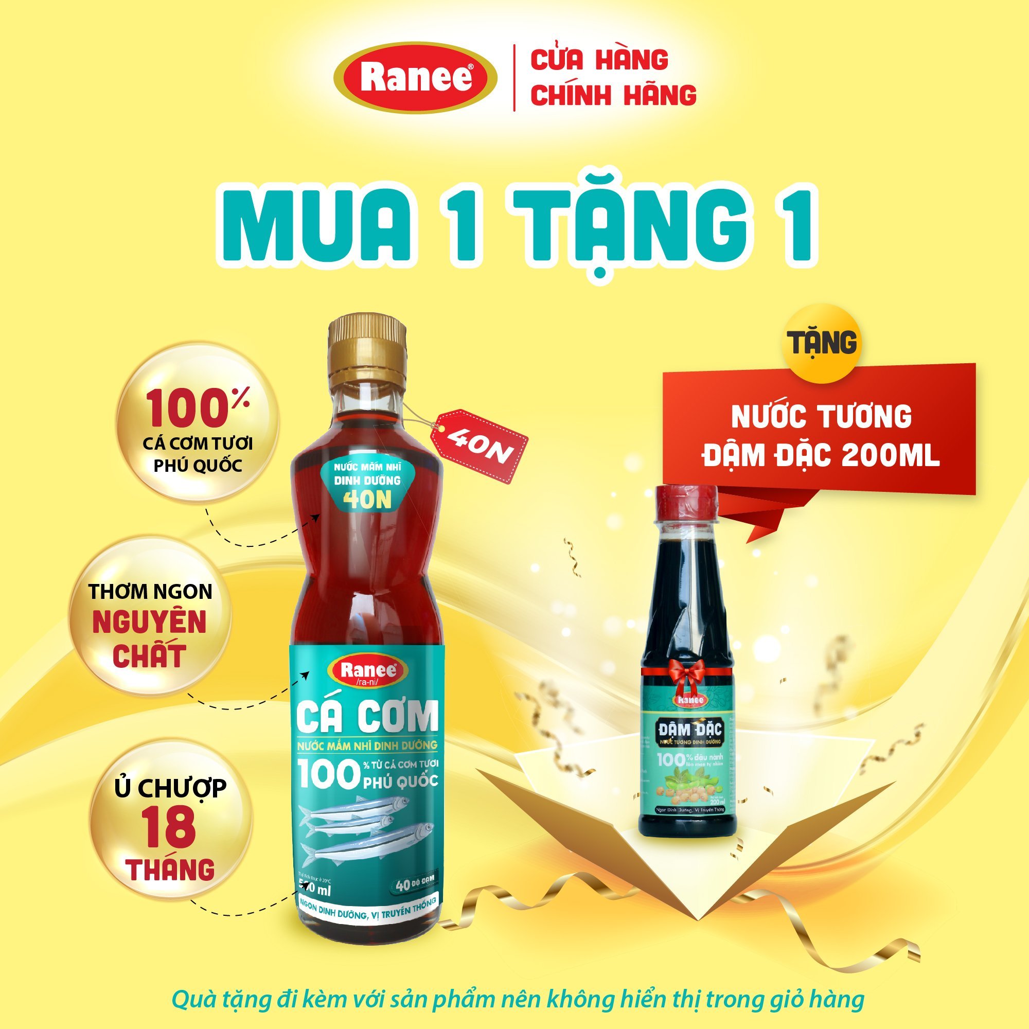 Nước mắm nhĩ dinh dưỡng Ranee cá cơm 40N 500ml tặng nước tương 200ml