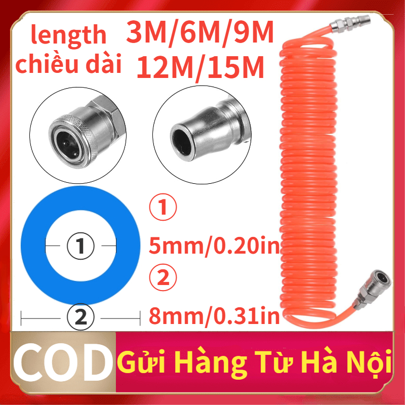 Dây hơi pu khí nén xoắn độ dày thành ống 3mm 3m 6m 9m 12m 15m