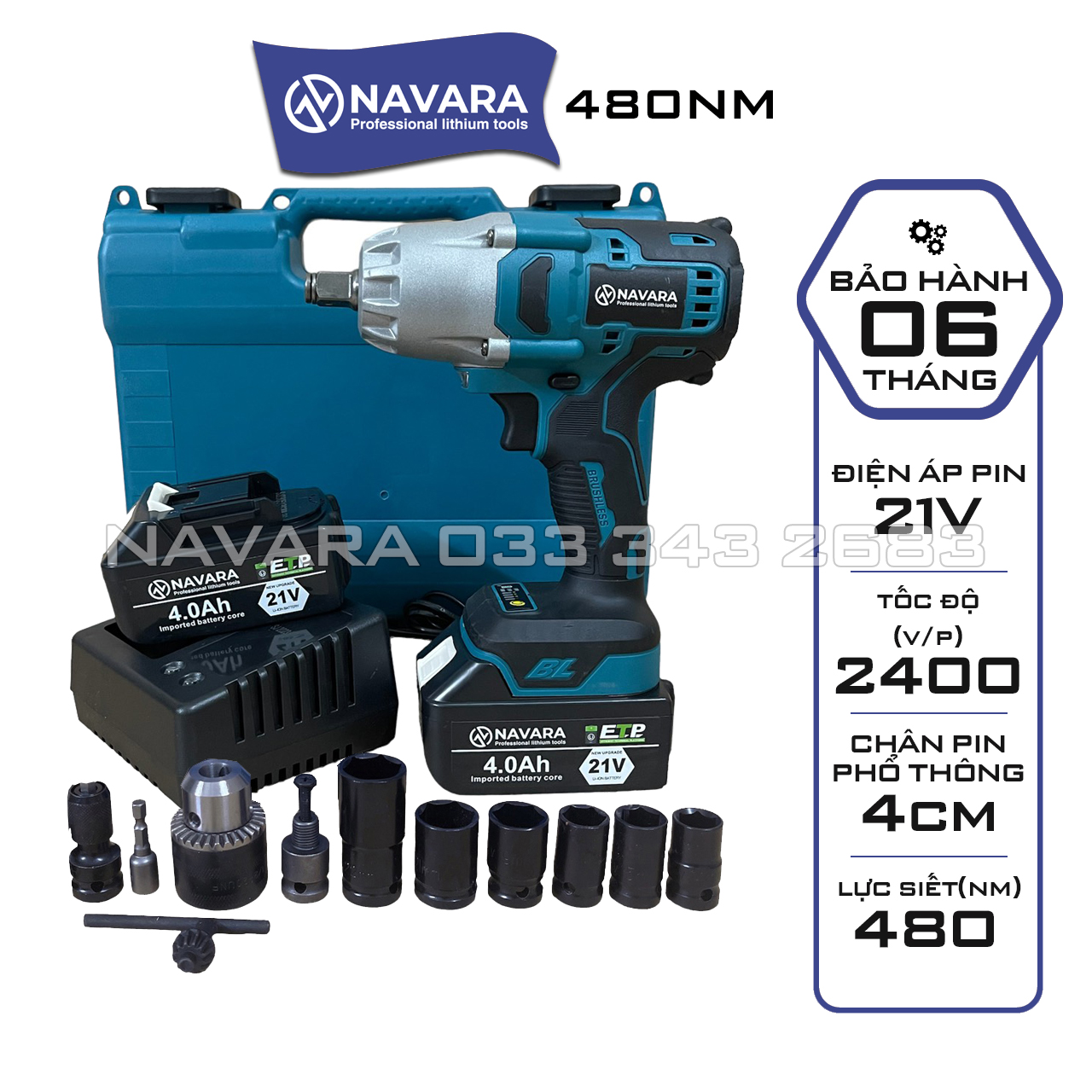 Máy siết bulong pin navara 480nm xanh tặng bộ phụ kiện 13s+6 khẩu động cơ bền bỉ mạnh mẽ