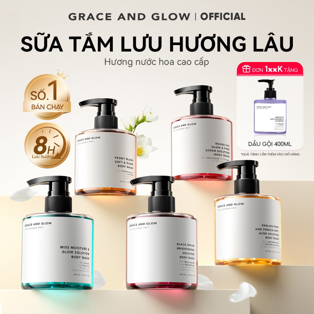 Sữa tắm trắng da hỗ trợ dưỡng ẩm tẩy da chết Grace and Glow nước hoa Body Wash 400ml Niacinamide lưu