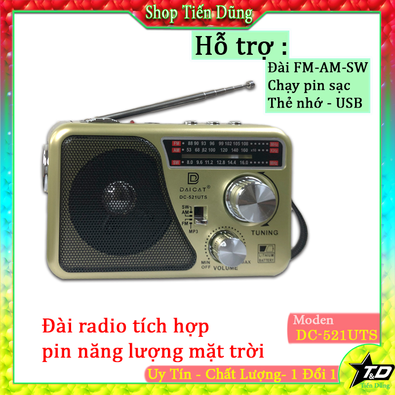 Máy nghe nhạc kiêm đài Radio FM Dai Cat DC-521URS có pin năng lượng mặt trời hỗ trợ thẻ nhớ TF và US