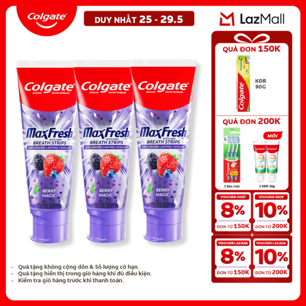 [Chỉ 25-29.5_X2 Voucher giảm 20%] [MỚI] Bộ 3 Kem đánh răng Colgate MaxFresh hương nhiệt đới, tinh thể cầu vồng the mát 100g/tuýp