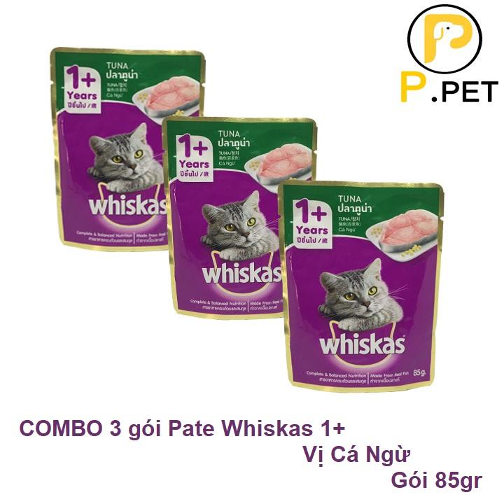 COMBO 3 gói Pate/Sốt Cho Mèo 1 Tuổi + Whiskas - Thức Ăn Pate Cho Mèo - Vị Cá Ngừ - Gói 85gr (P.Pet)