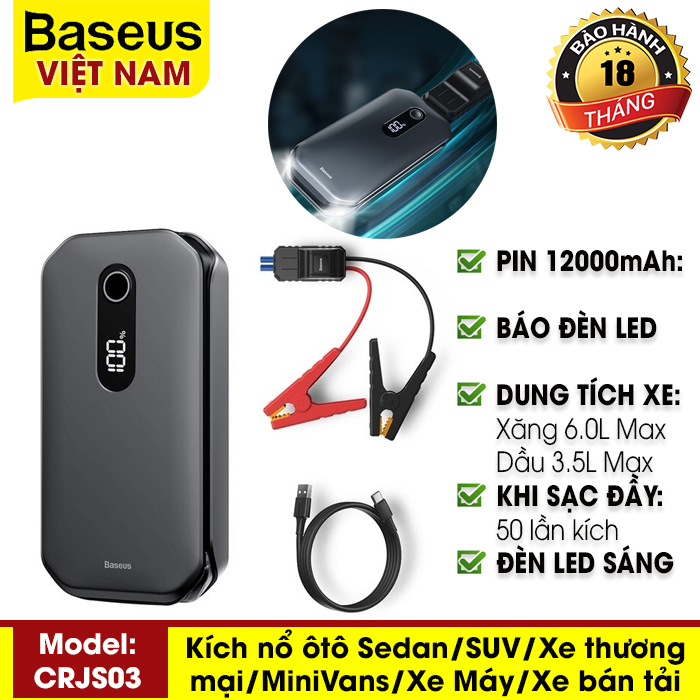 [BẢO HÀNH 18 THÁNG] Kích nổ oto - Cứu hộ xe hơi  Baseus Car Jump Starter  dung lượng pin 12000mAh sạc đầy được 50 lần kích nổ công suất  1000A kiêm pin sạc dự phòng tích hợp màn hình kỹ thuật số - Phân phối bởi Baseus Việt Nam
