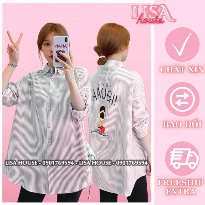 Áo sơ mi nữ sọc đen in hình form rộng tay dài