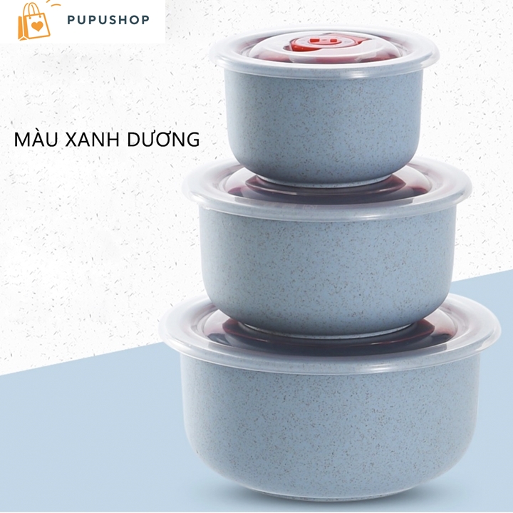 Pupushop [HCM]Bộ Combo 3 Cái Tô Bát Model TP01 Chất Liệu Nhựa Lúa Mạch Có Nắp Hít Chân Không Chắc Chắn Dùng Được Lò Vi Sóng