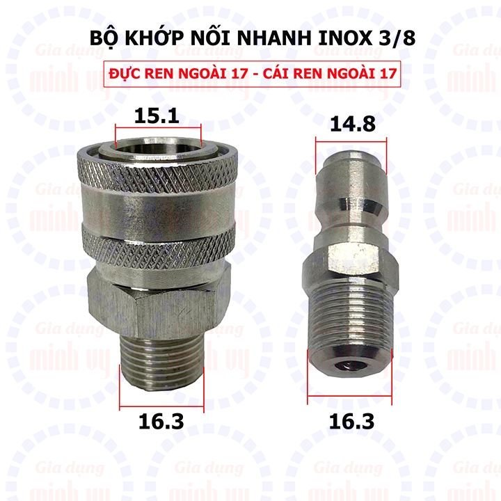 Bộ khớp nối nhanh INOX 3/8" - ren 17mm đầu ra cho máy rửa xe áp lực cao, máy xịt rửa cao áp, máy rửa xe gia đình