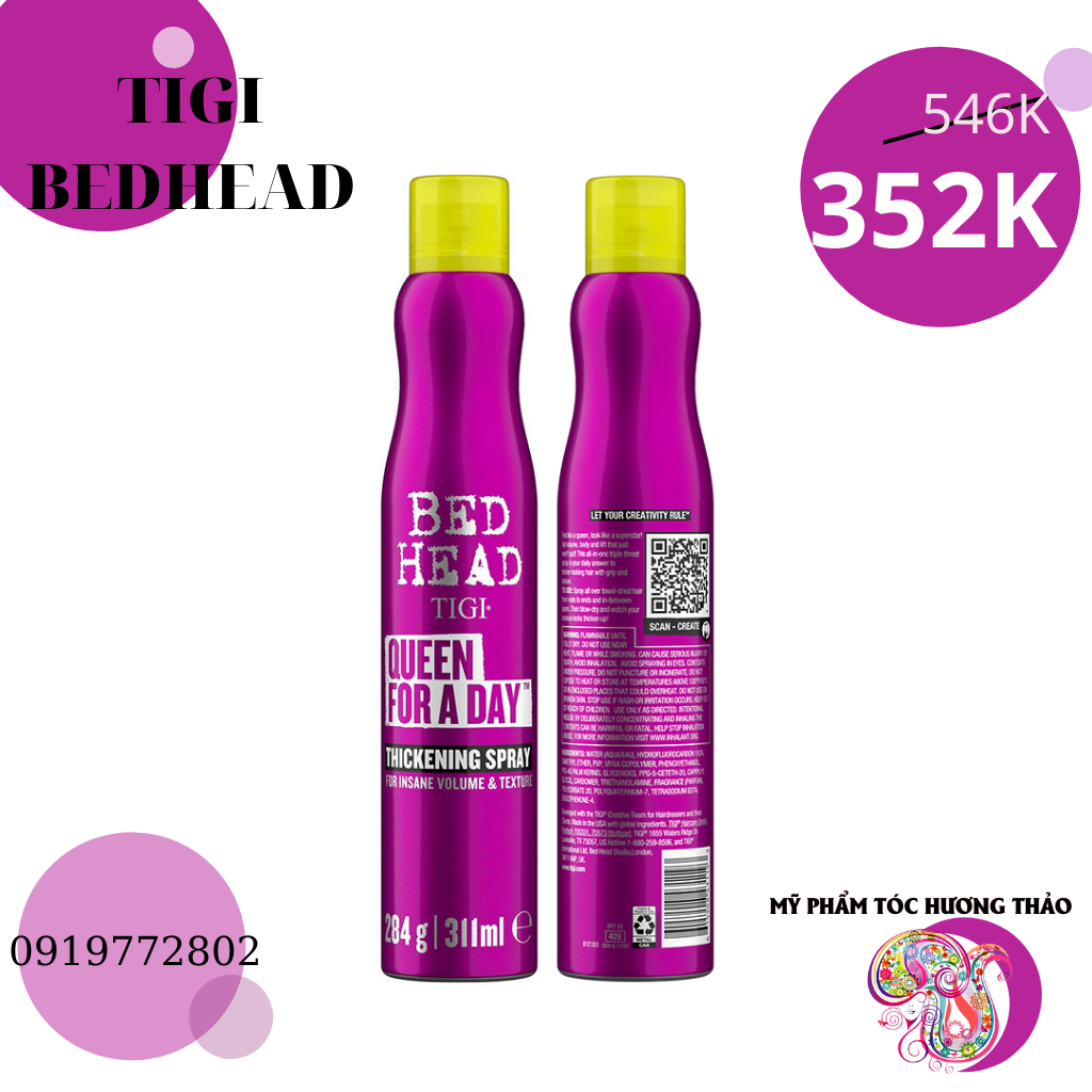 Xịt làm dày và phồng tóc tigi bedhead superstar queen for a day new 311ml