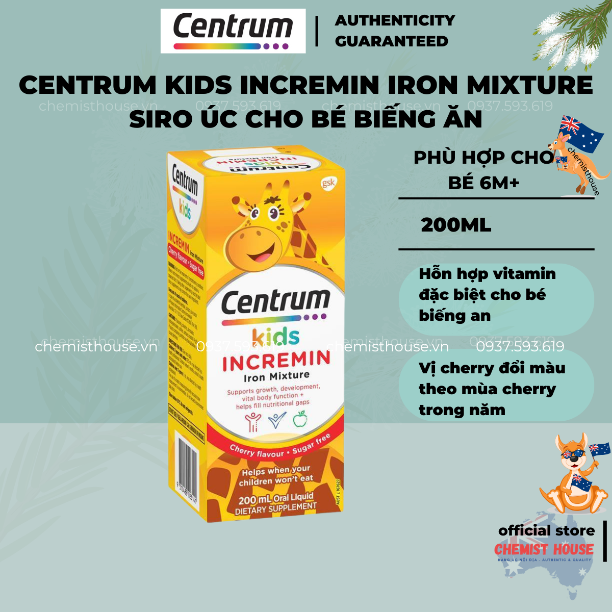 Siro Centrum Úc Dành Cho Bé Biếng Ăn Tăng Miễn Dịch Bổ Sung Vitamin Cần Thiết - Centrum Kids Incremin Iron Mixture Cherry Flavour 200ml