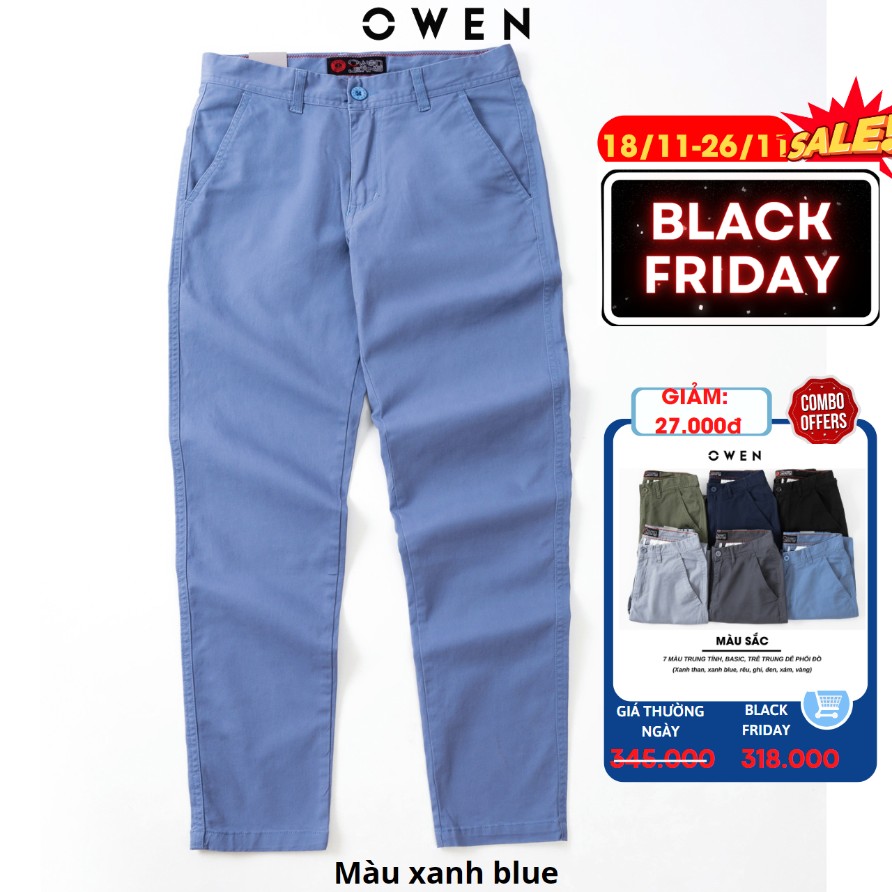 quần kaki nam OWEN chuẩn hãng màu xanh Blue, chất kaki cotton, dày dặn, cao cấp, co giãn, form đứng dáng slimfit trẻ trung, năng động, lịch sự
