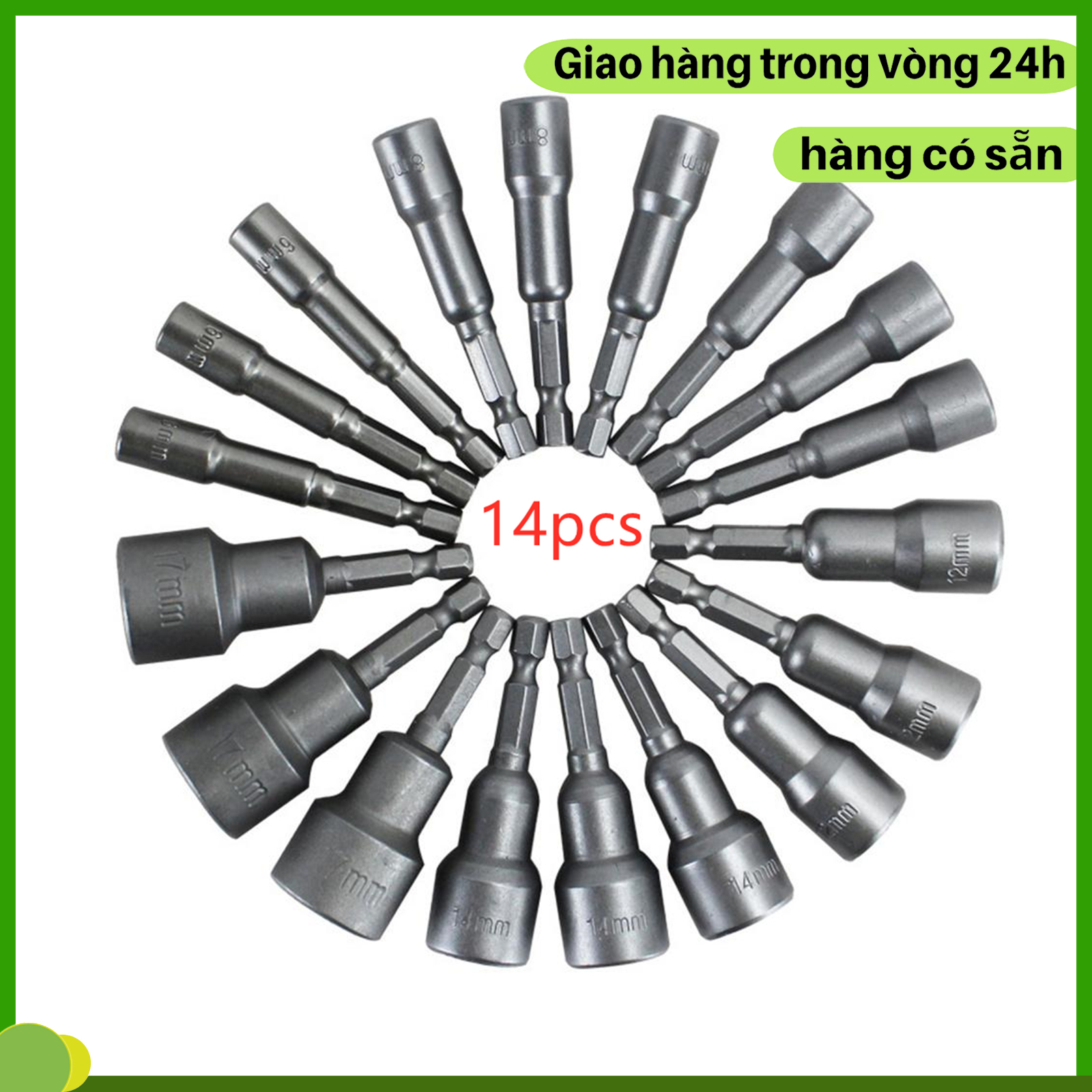Bộ phụ kiện 14 cây vặn ốc luc giác dài 7 cm , 6,7,8,9,10,11,12,13,14,15,16,17,18,19 MM. Chụp bulong 80mm lục giác sâu lòng,có nam châm đầu khẩu 1/4,Đầu chụp bulong chân lục giác cho khoan pin và khoan điện