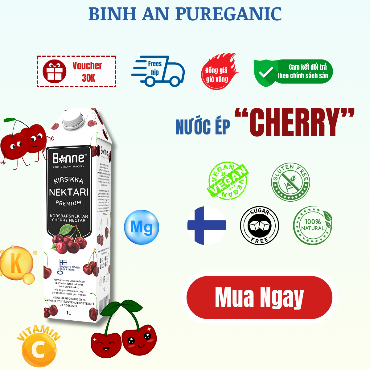 Nước Ép Cherry Bonne Từ Trái Cây Thật Và Nước Suối Tinh Khiết Nhập Khẩu Phần Lan Không Chất Bảo Quản Độc Hại Không Đường Hóa Học - 1 Lít