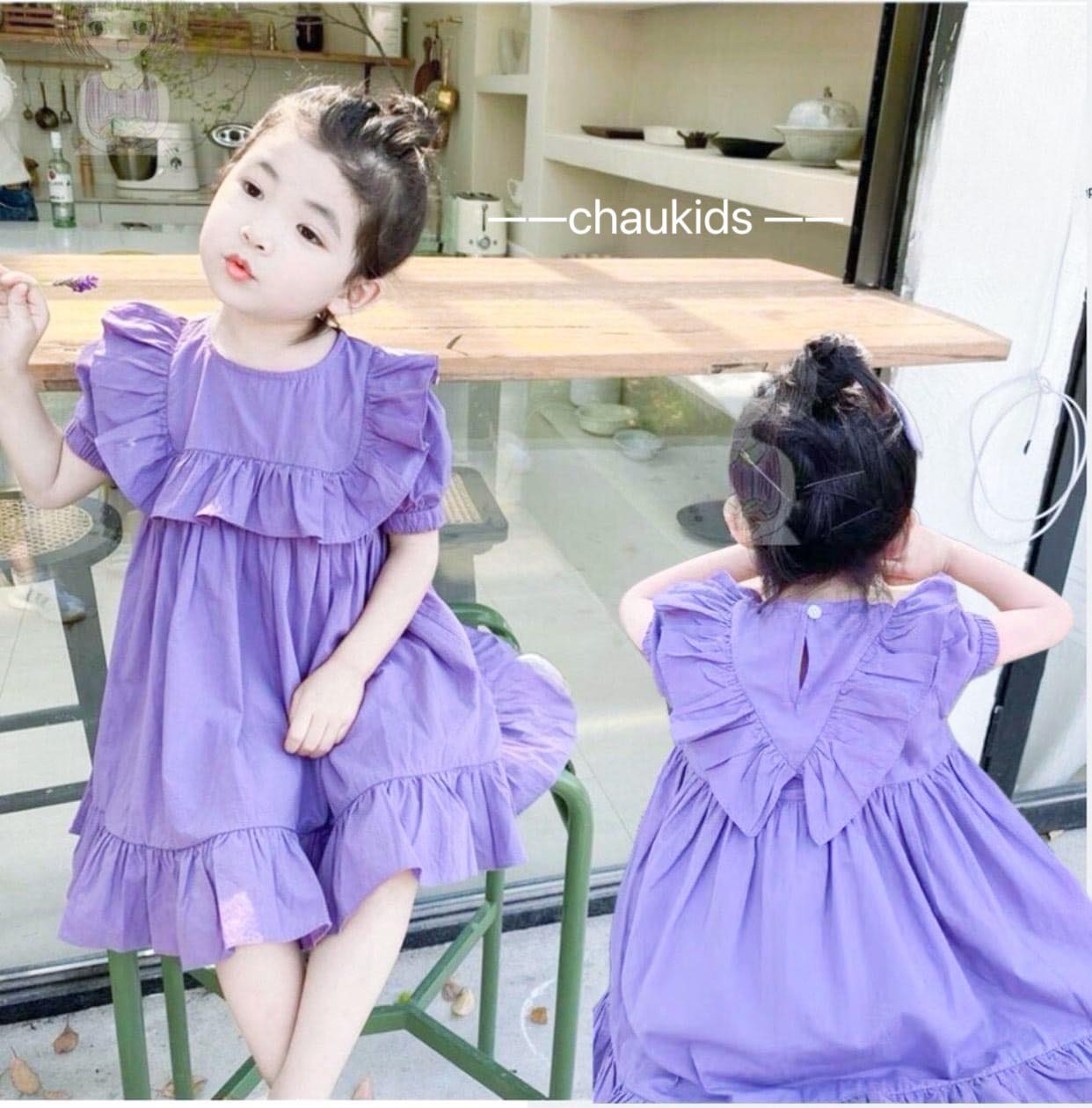 Váy tím viền bèo hình trái tim phía sau siêu xinh cho bé gái