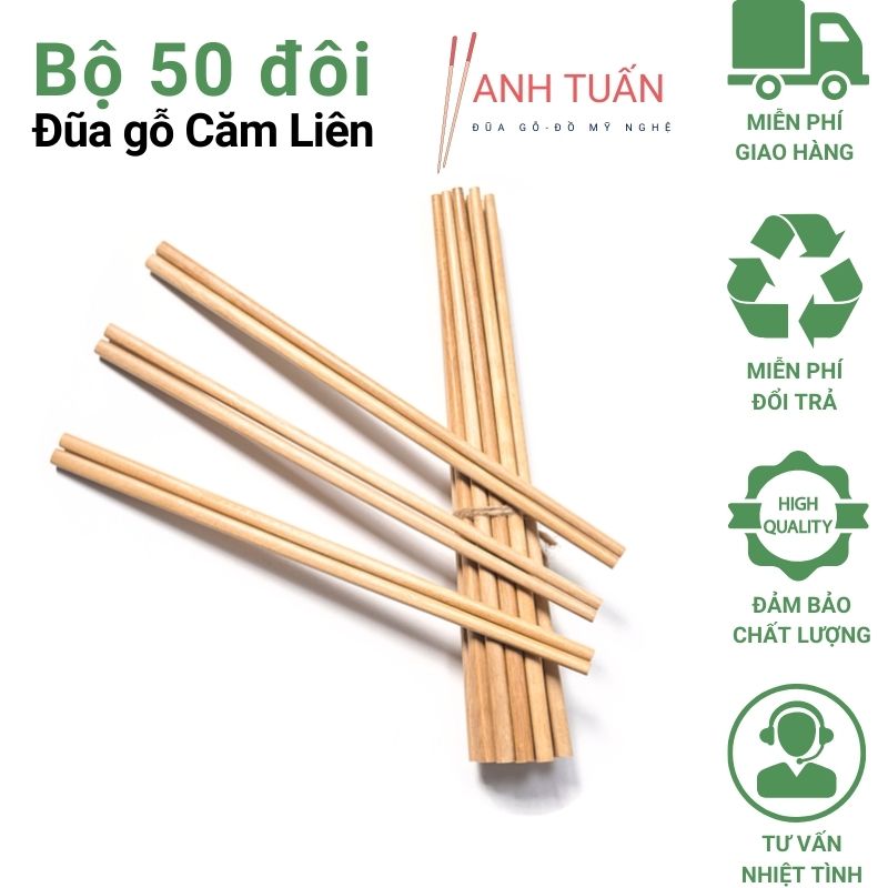Bộ 50 đôi đũa ăn cơm đũa gỗ CĂM LIÊN, đũa đẹp tự nhiên không hoá chất, không cong vênh, chống mốc, kháng khuẩn
