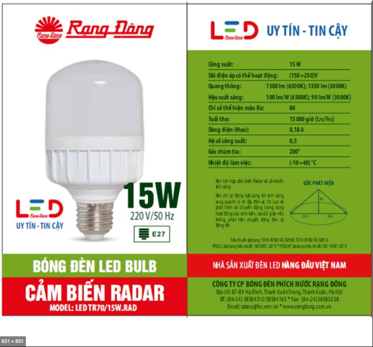 Đèn LED Cảm Biến Chuyển Động 7W-15W Rạng Đông, ChipLED Samsung