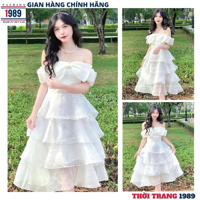Váy Trễ Vai Công Chúa Xếp Tầng Màu Trắng Thướt Tha, Đầm Dự Tiệc Nữ Phối Nơ Ngực Đá Bánh Bèo Cực Xinh, đầm tiểu thư sang chảnh -1989