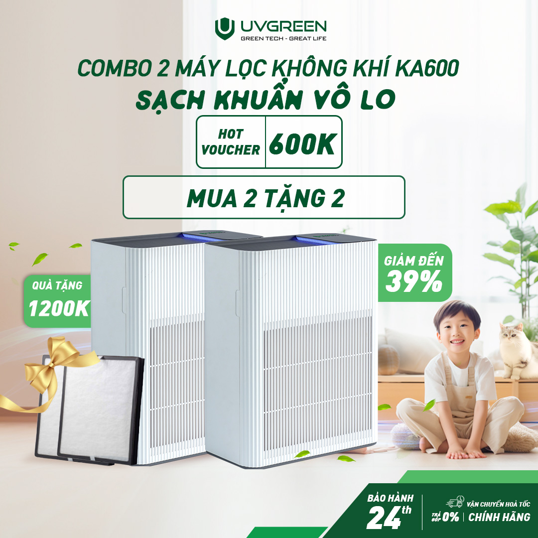 Combo 2 máy lọc không khí diệt khuẩn uvc led uvgreen ka600 60m2 - công nghệ uvc led, lõi lọc hepa h13, bảo hành 24 tháng