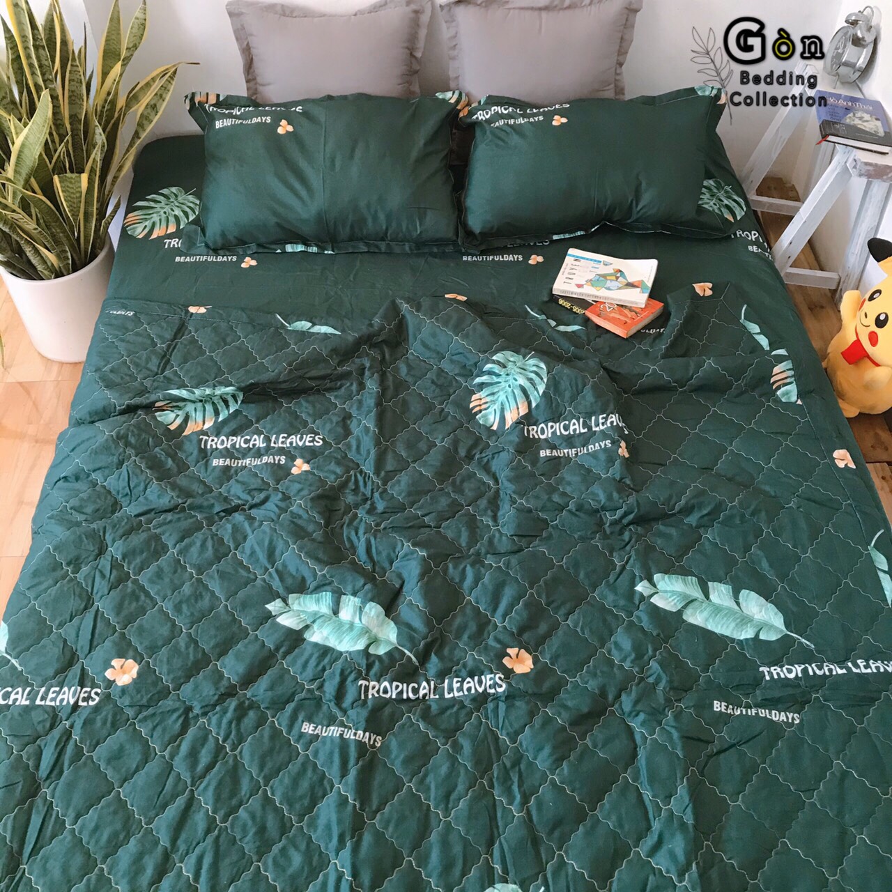 Bộ Chăn Ga Gối Cotton Poly , Lá Chuối Xanh , Chất Liệu Thoáng Mát , Kích Cỡ Đa Dạng , By. Gòn