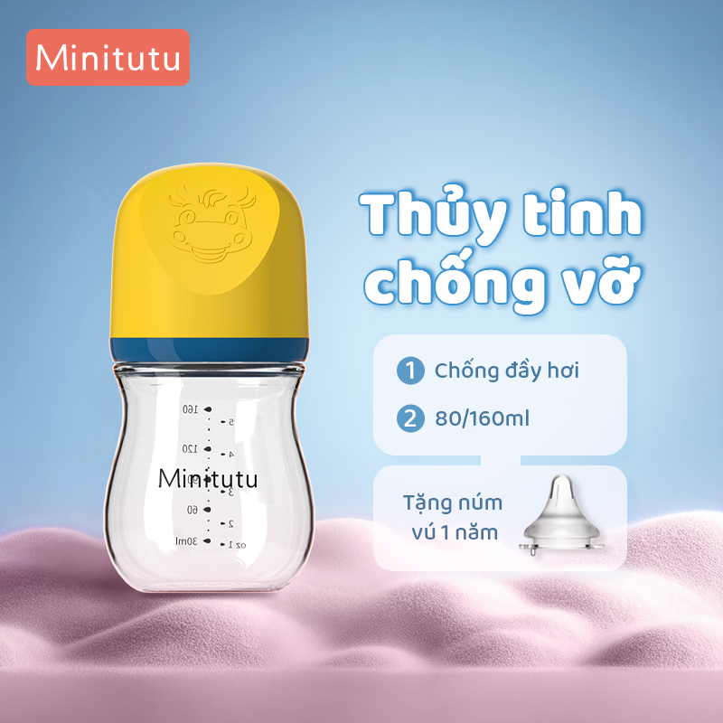  Bình Sữa Thủy Tinh Minitutu cho Bé Yêu Chống Đầy Hơi Chịu Nhiệt Tốt 80ml 160ml đường kính rộng 