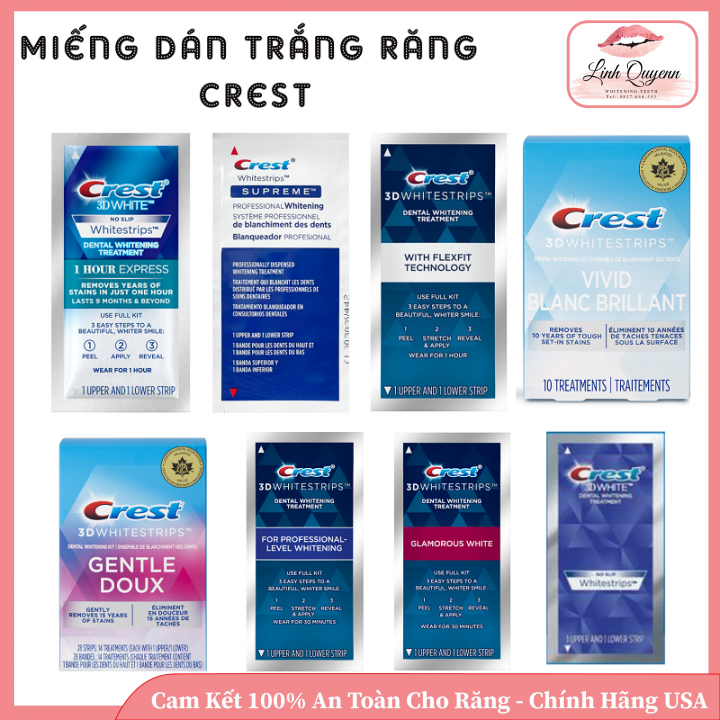 1 GÓI- Miếng dán trắng răng Crest 3D White Supreme Professional +Flexfit + Glamorous+ Professional + 1hour