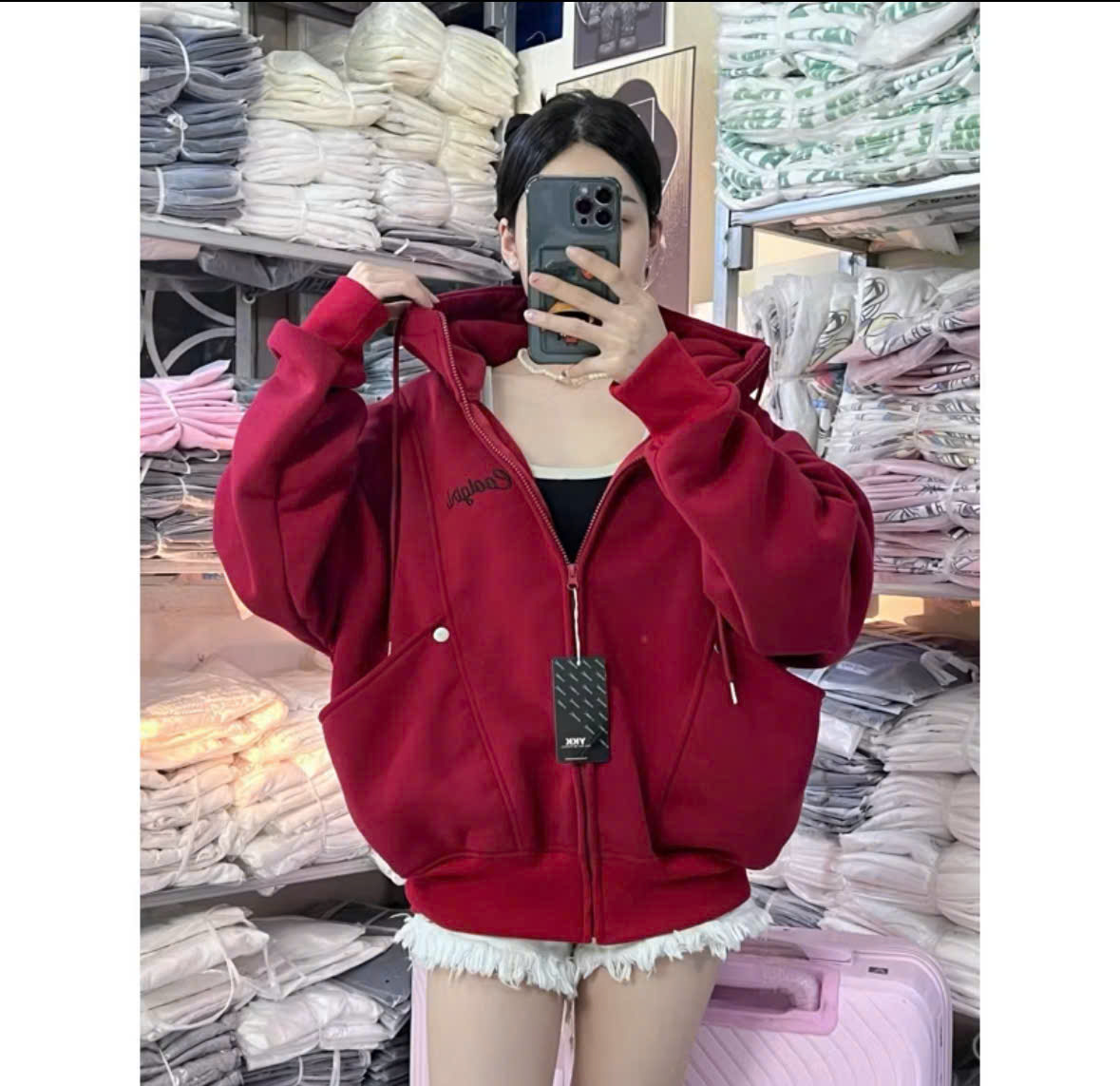 Áo khoác nỉ chống nắng nữ phối màu form vừa Trơn Basic Cổ cao Túi có Khoá Kéo Mẫu Hot Mới Về