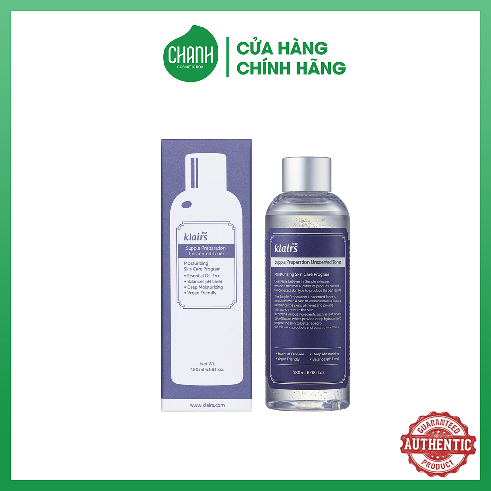 Nước Hoa Hồng Không Mùi Dưỡng Ẩm, Làm Dịu Da Klairs Supple Preparation Unscented Toner 180ml