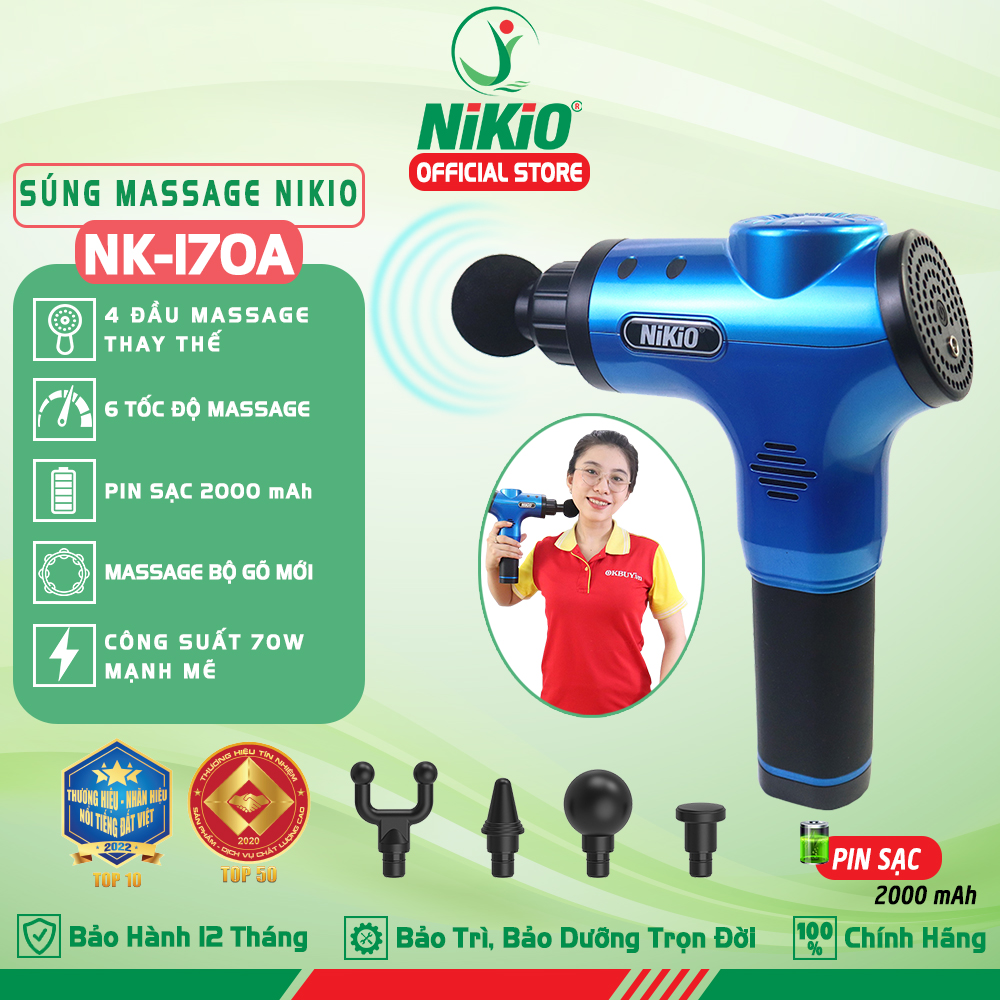 [HCM]Súng massage cầm tay Nikio NK-170A - 4 đầu 6 tốc độ màu xanh dương