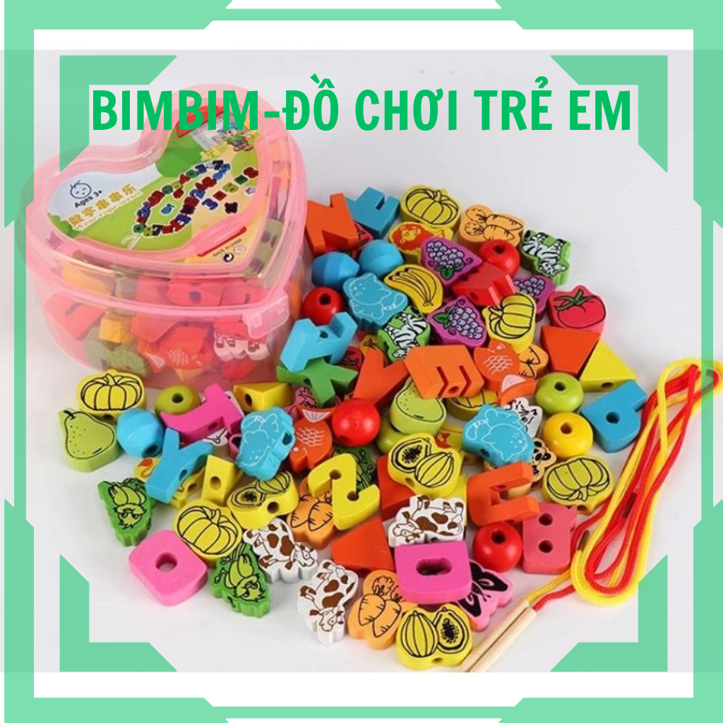 Xâu hạt gỗ - luồn dây xâu hạt hộp hình trái tim 50 hạt gồm nhiều chủ đề cho bé