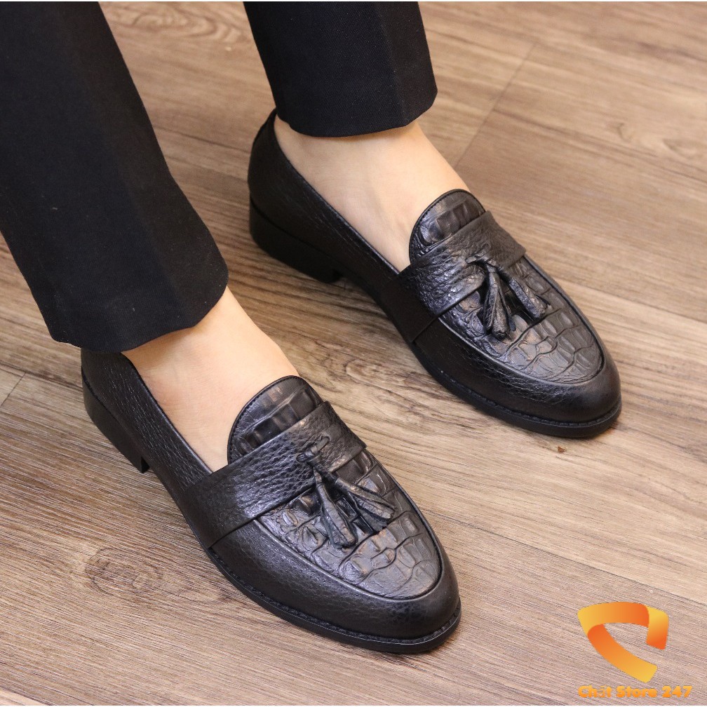 Giày lười nam dập vân cá sấu - mã x091 - màu đen - có chuông