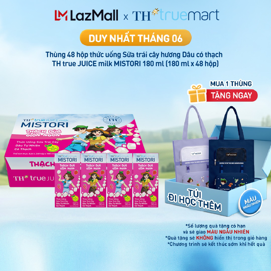 Thùng 48 hộp thức uống Sữa trái cây hương Dâu có thạch  TH true JUICE milk MISTORI 180ml (180ml x 48)