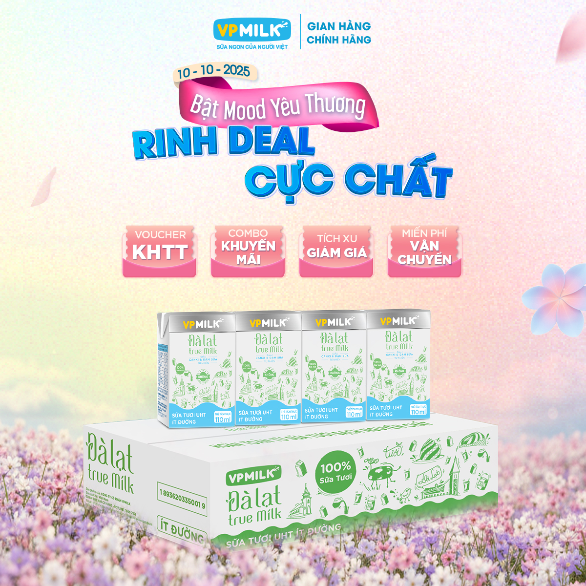Thùng 48 hộp 110ml Sữa Tươi Nguyên Chất UHT Đà Lạt True Milk Ít Đường