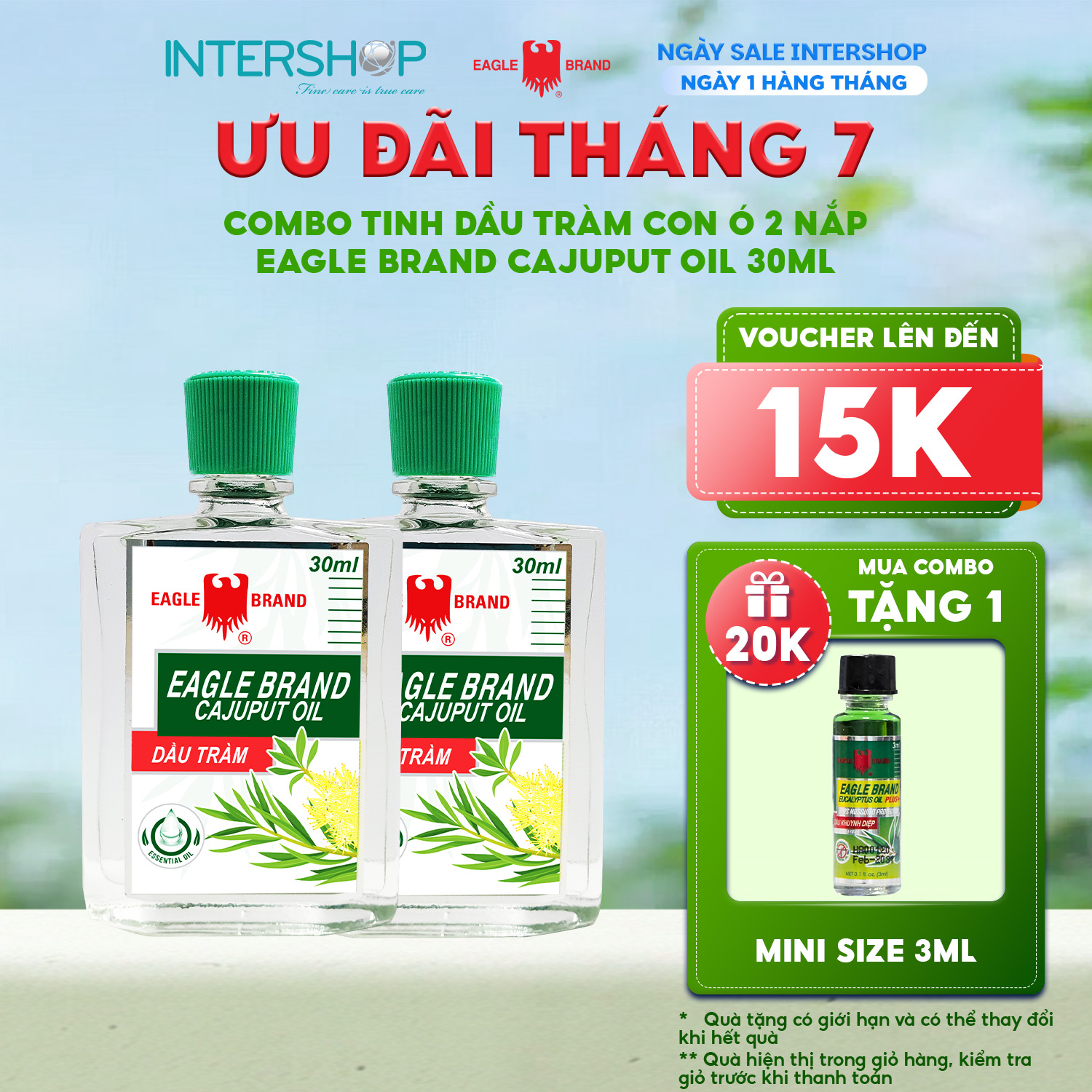 Combo 2 Dầu Tràm Con Ó 2 Nắp Eagle Brand Cajuput Oil 30ml hỗ trợ giữ ấm, cảm cúm cho bé, giảm đau bụng đầy hơi