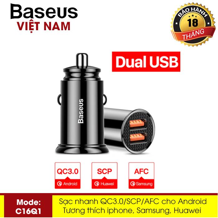 Củ sạc mini Baseus (C16Q1) công suất 30W 2 cổng USB cho xe hơi công nghệ sạc nhanh Quick Charge QC 3.0, VOOC Quick USB Charger cho iphone XS max, Samsung Note9, Oppo và các loại smartphone - Phân phối bởi Baseus Vietnam