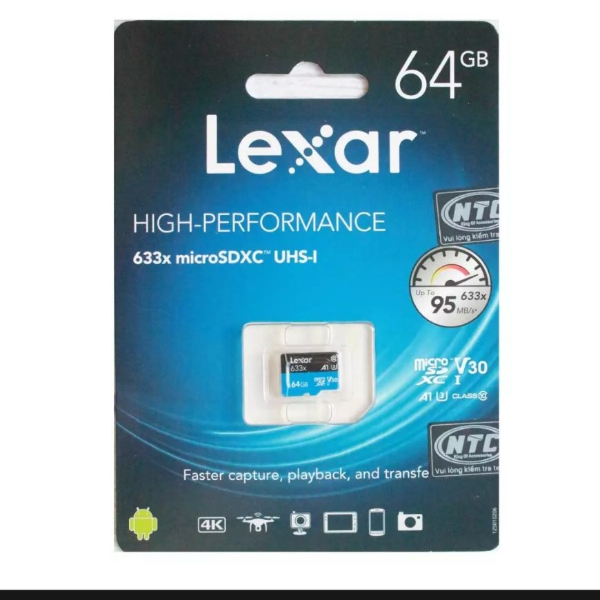Thẻ nhớ microsd lexar class10 u3 633x 95mb - 64g- hàng chính hãng