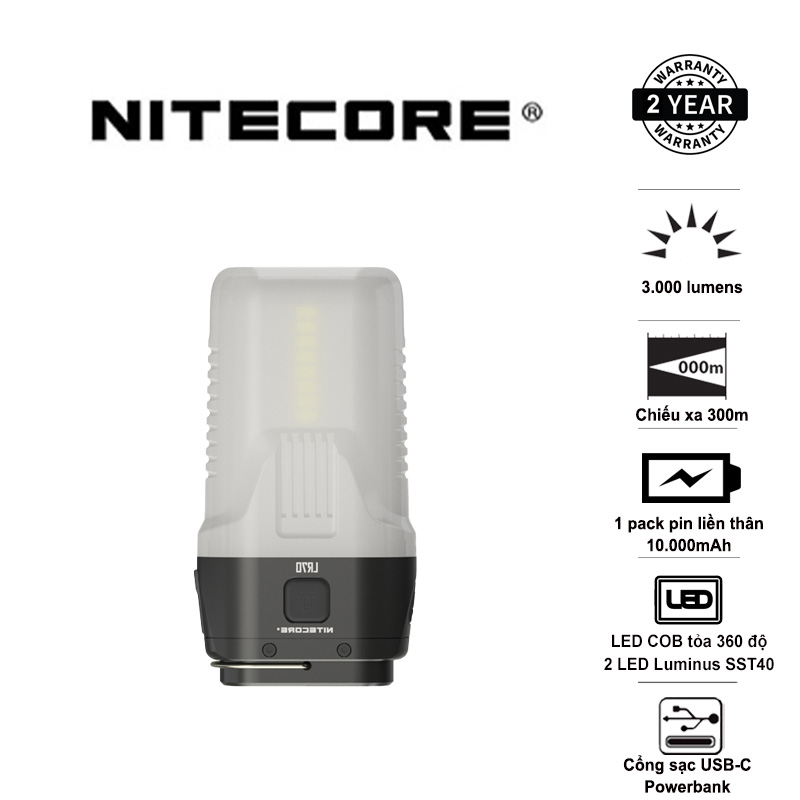 Đèn pin cắm trại NITECORE LR70 sáng 3.000 lumen chiếu xa 300m pack pin liền thân 10000mAh USB-C powerbank