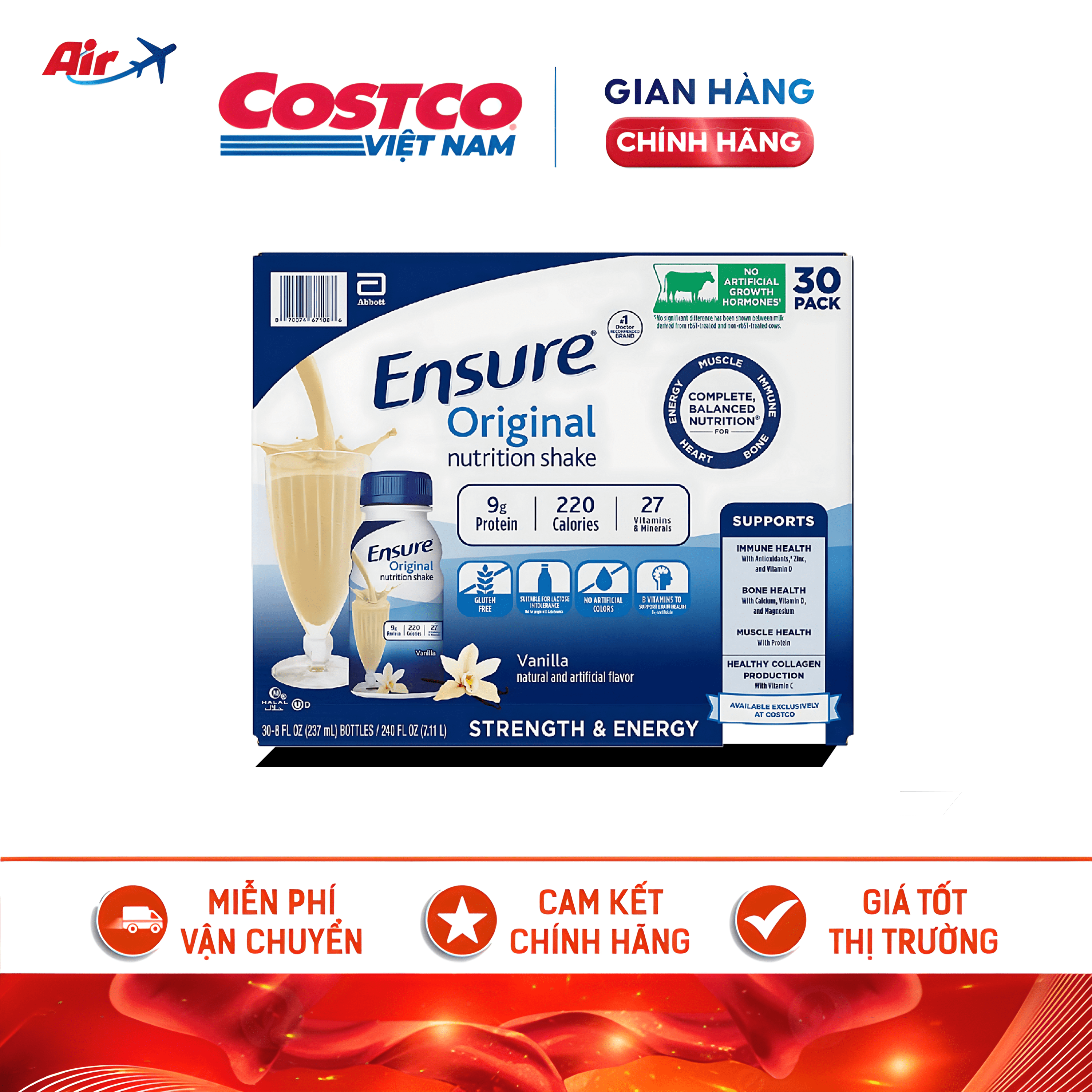Sữa Ensure nước hương Vani Ensure Original Vanilla 237ml Thùng 30 chai (DATE 08/2024)
