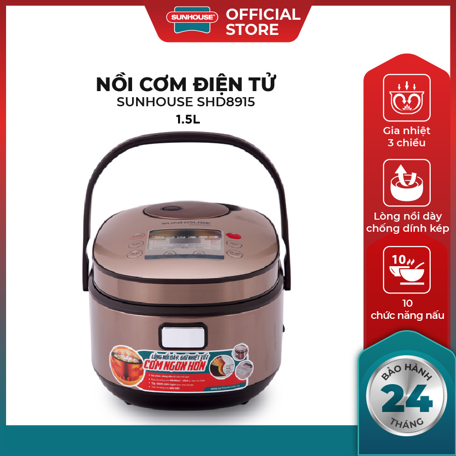 Nồi Cơm Điện Tử Ủ Ấm 3 Chiều Chính Hãng Sunhouse 1.5L SUNHOUSE MAMA SHD8915 - Công suất 860W - 8 chức năng nấu tự động - Hợp kim nhôm phủ chống dính Whitford (USA) - Hẹn giờ - Bảo hành 24 tháng