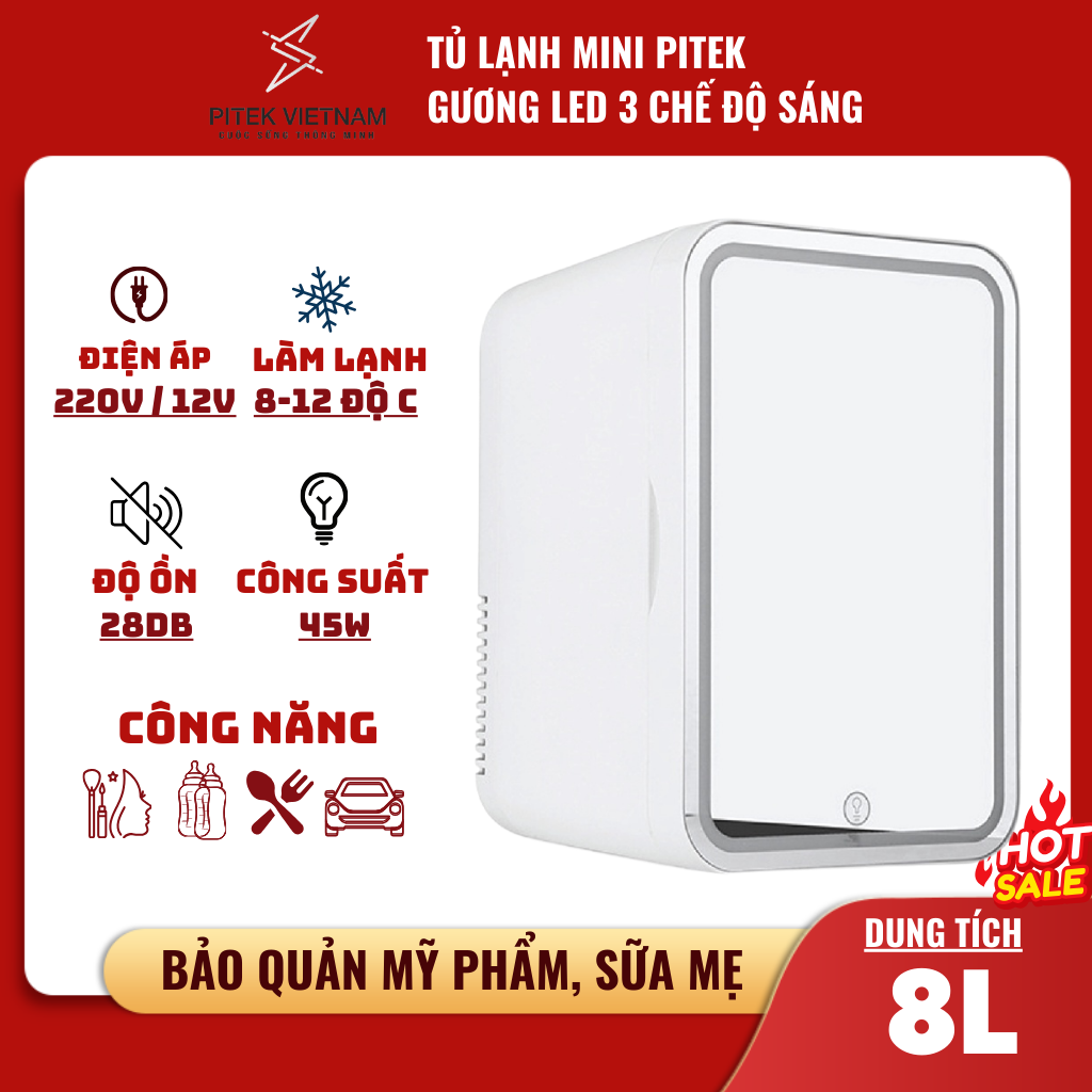 Tủ lạnh mini KEMIN cao cấp trang bị gương có đèn led dung tích 8L - Pitek