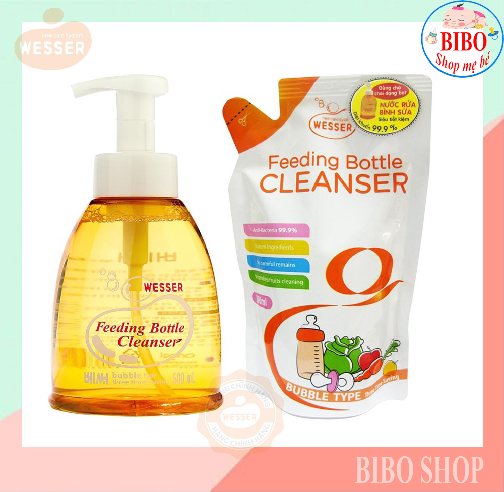 Combo Nước Rửa Bình Sữa Wesser Rửa Rau Củ Và Phụ Kiện, An Toàn Cho Bé Dạng Chai Và Túi 500ml
